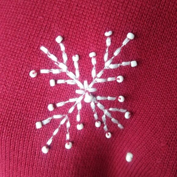 Norm Thompson Red Zip Up Cotton With Embroidered & Beaded Snowflakes SZ Small - Picture 4 of 7